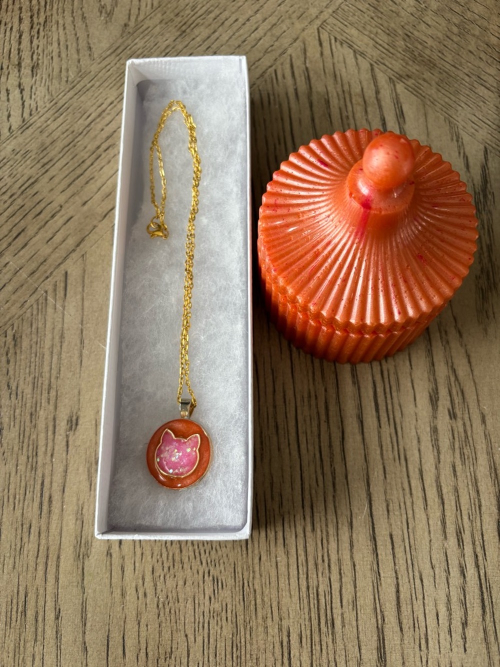 Hand Crafted Resin Cat Pendant Necklace + Decorative Resin Trinket Box Gift Set